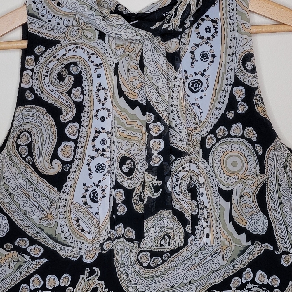 Voir Voir Black Yellow Tan Paisley Sleeveless Dress Size 12 Wedding Guest Work - Picture 2 of 5